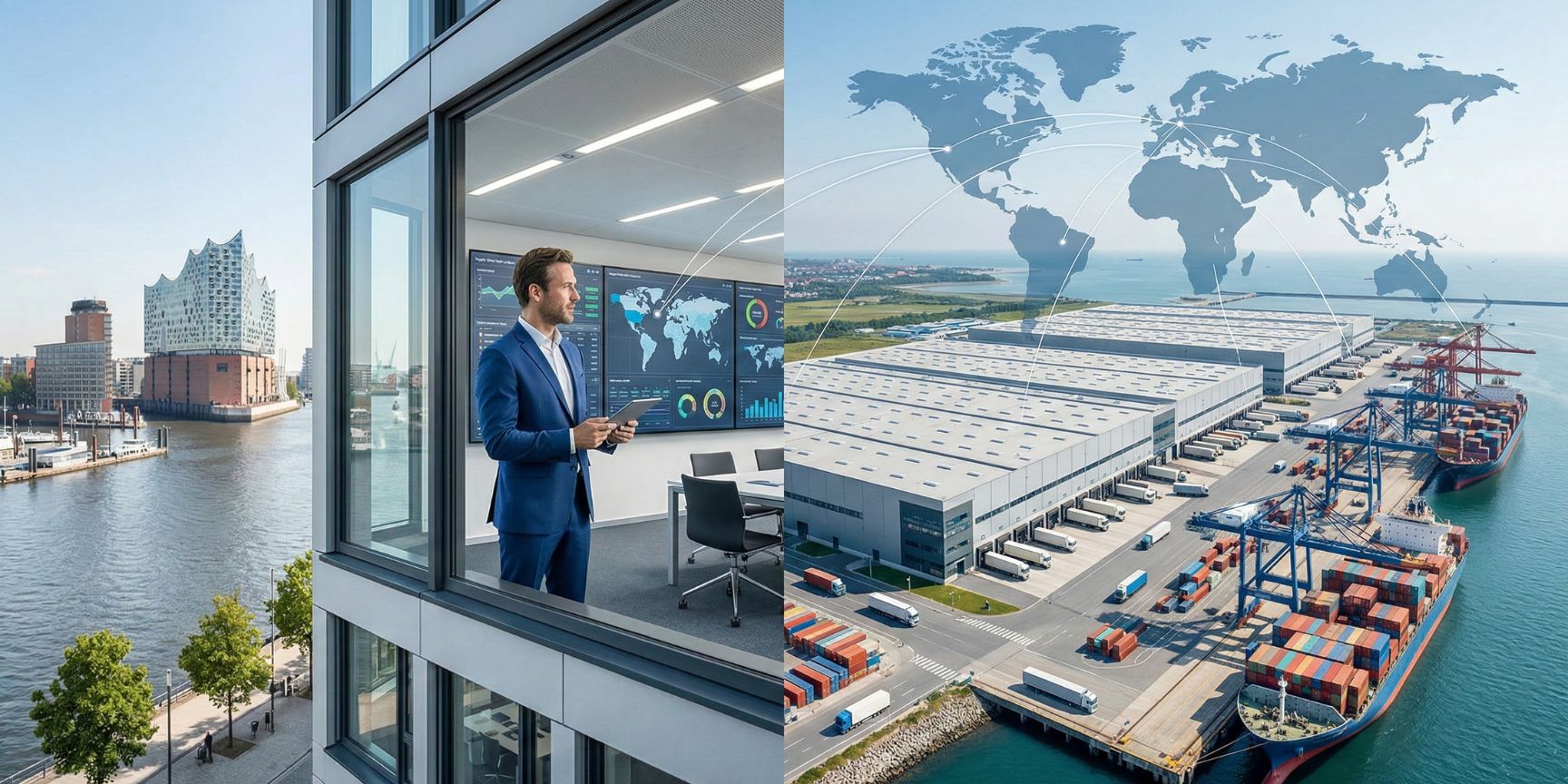 Geteilte Szene, die die globale Strategie des Logistik-Offshorings visualisiert: Links ein modernes Büro in Hamburg mit einem Logistikmanager, der Supply-Chain-Daten auf Bildschirmen analysiert; rechts eine riesige, moderne Grade-A-Logistikimmobilie an einem asiatischen Tiefseehafen mit Containerschiffen und LKWs, verbunden durch eine transparente Weltkarte mit Warenstromlinien.